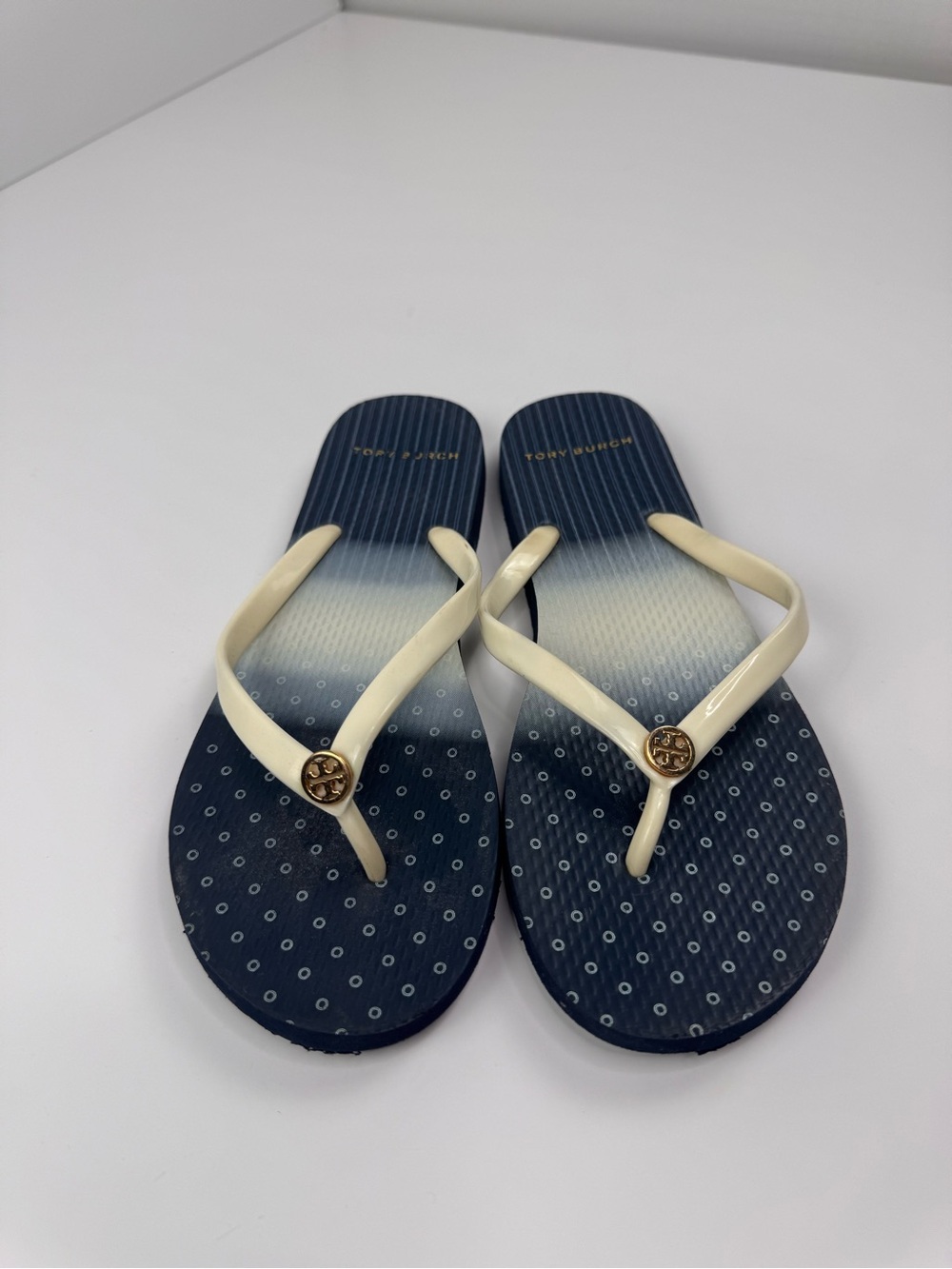 Tory Burch Blue Ombre Flip Flops with Cream Straps